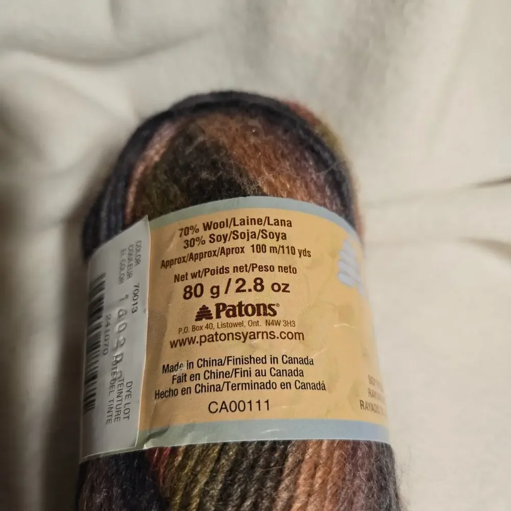 Patons SWS Soy Wool Stripes Yarn - 1 Skein Color Natural Earth 110 Yards